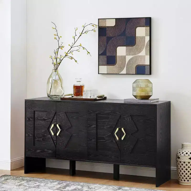 Black / Walnut Mid-Century Sideboard Buffet Cabinet with Geometric Doors, 4-Door Storage Console