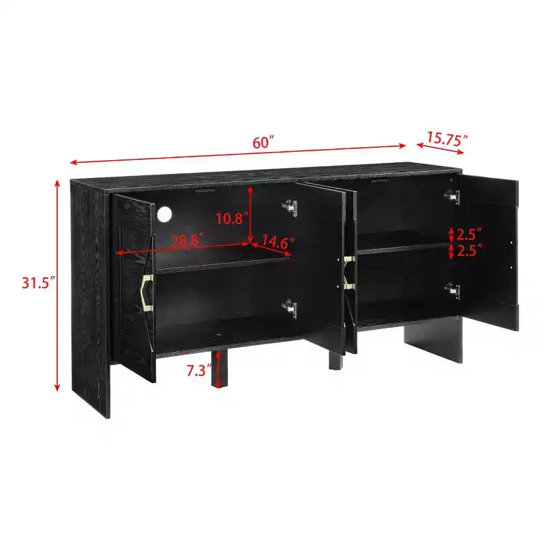 Black / Walnut Mid-Century Sideboard Buffet Cabinet with Geometric Doors, 4-Door Storage Console