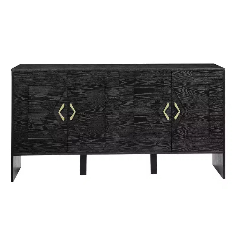 Black / Walnut Mid-Century Sideboard Buffet Cabinet with Geometric Doors, 4-Door Storage Console
