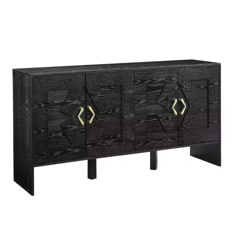 Black / Walnut Mid-Century Sideboard Buffet Cabinet with Geometric Doors, 4-Door Storage Console