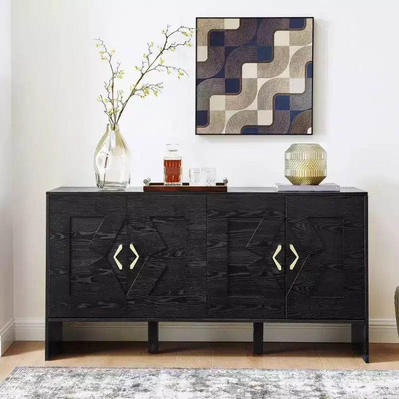 Black / Walnut Mid-Century Sideboard Buffet Cabinet with Geometric Doors, 4-Door Storage Console