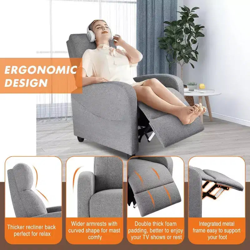 Black / Gray Winback Manual Recliner Chair, Single Seat