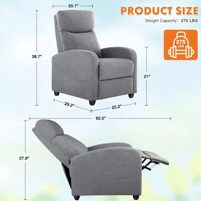 Black / Gray Winback Manual Recliner Chair, Single Seat