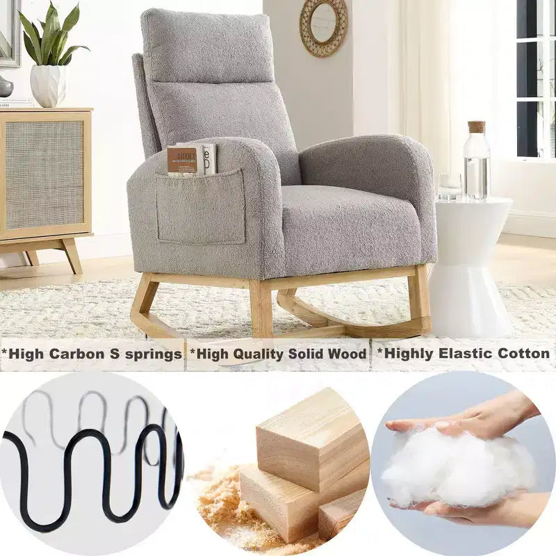 Beige/Gray/Ivory Velvet Rocking Armchair with Side Pockets, Single Seat