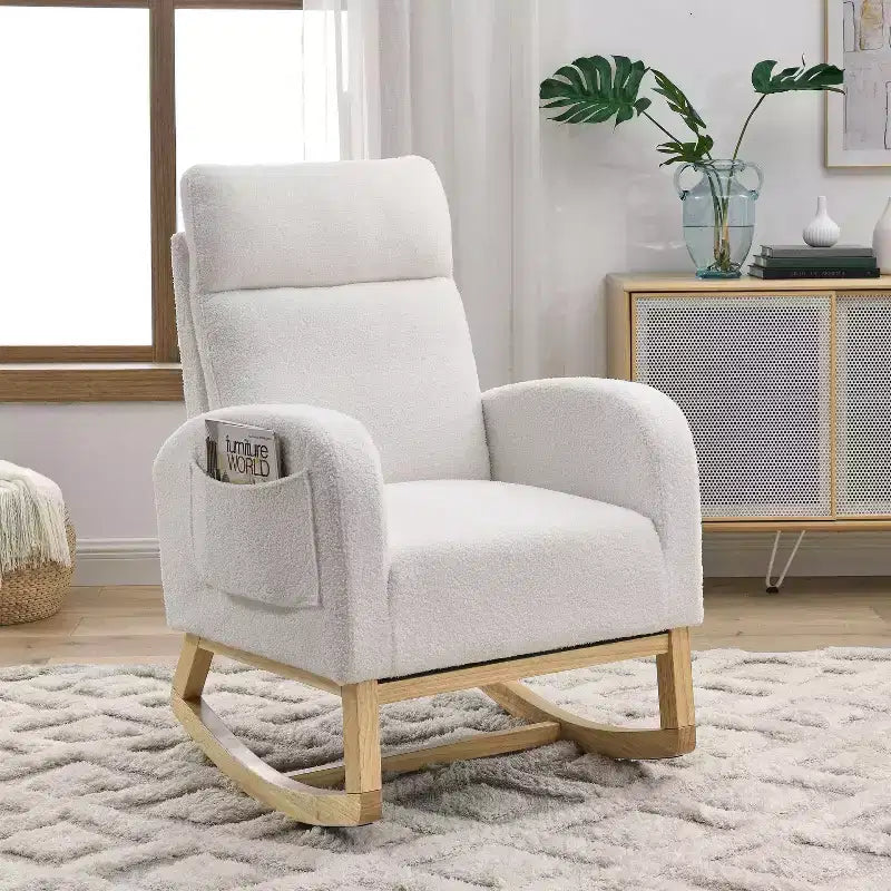 Beige/Gray/Ivory Velvet Rocking Armchair with Side Pockets, Single Seat