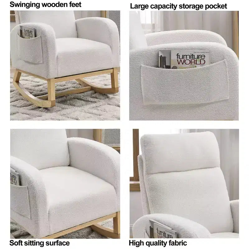 Beige/Gray/Ivory Velvet Rocking Armchair with Side Pockets, Single Seat