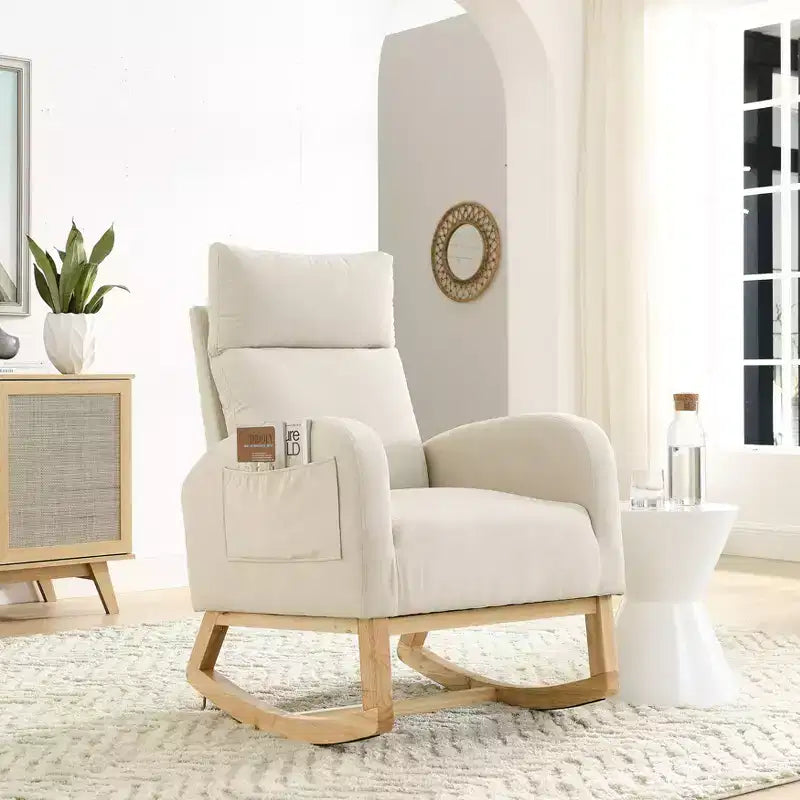 Beige/Gray/Ivory Velvet Rocking Armchair with Side Pockets, Single Seat