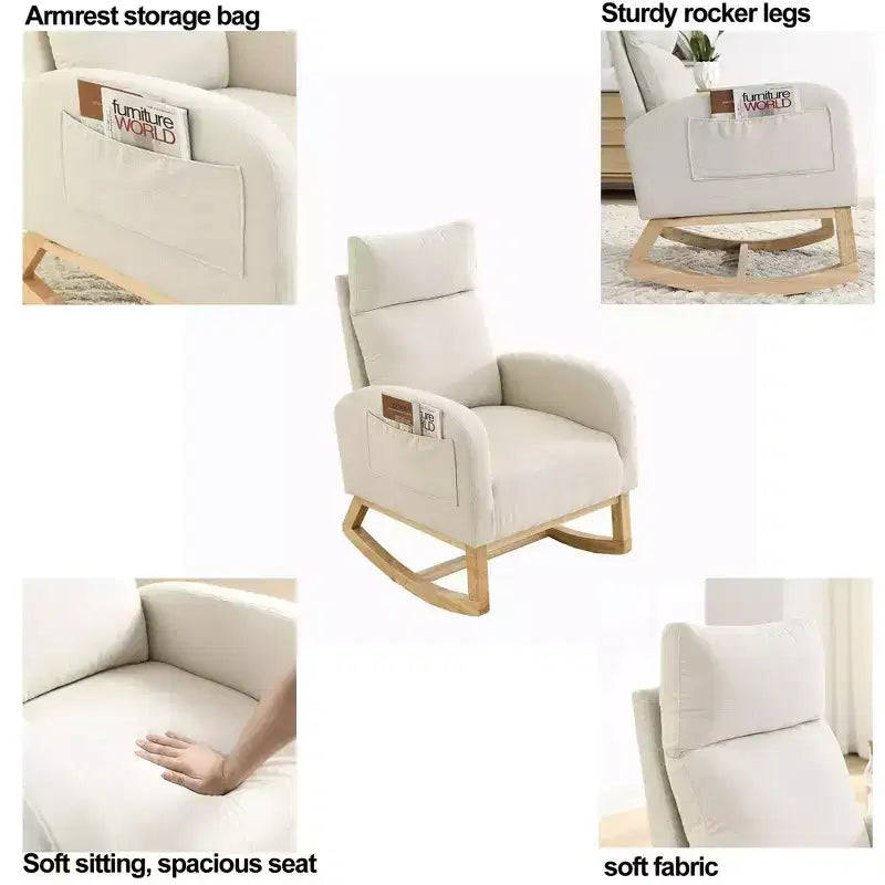 Beige/Gray/Ivory Velvet Rocking Armchair with Side Pockets, Single Seat