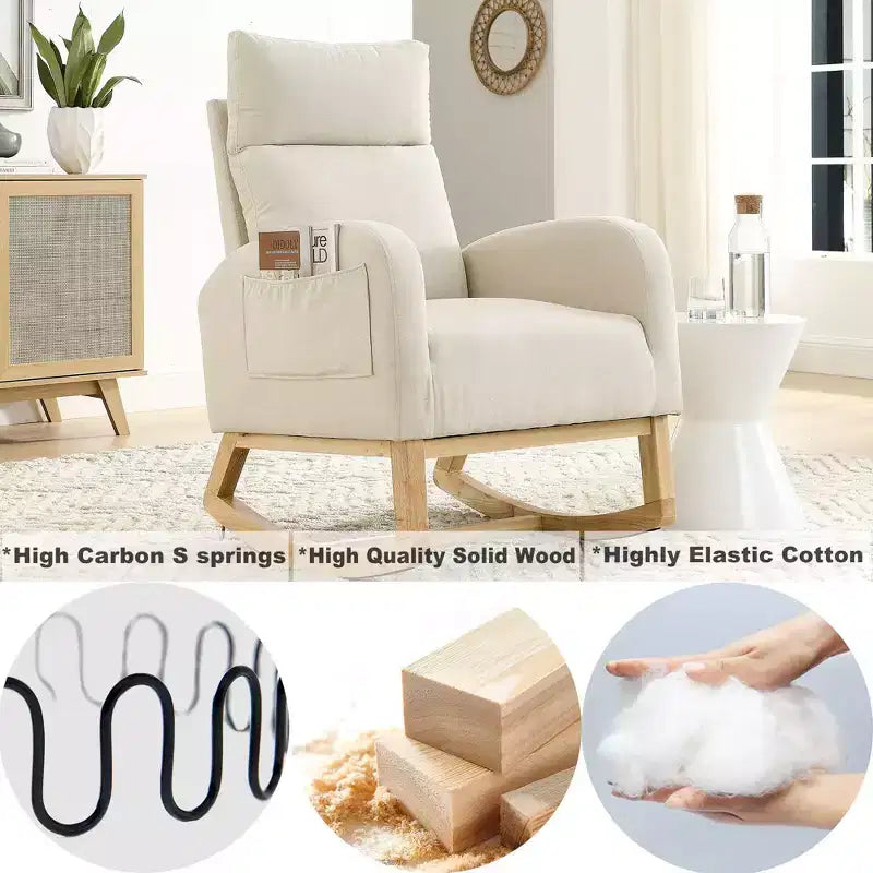 Beige/Gray/Ivory Velvet Rocking Armchair with Side Pockets, Single Seat