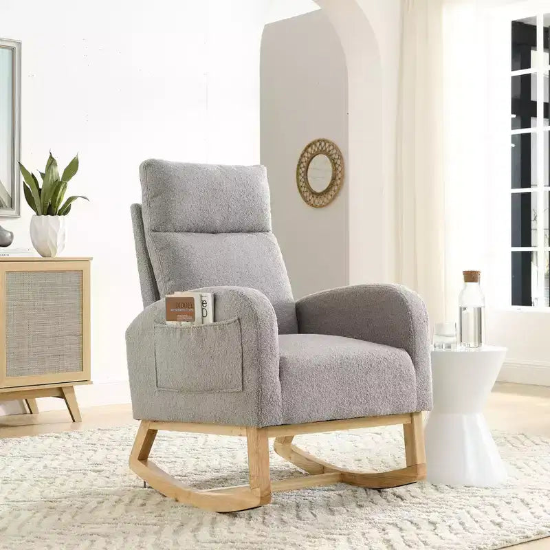 Beige/Gray/Ivory Velvet Rocking Armchair with Side Pockets, Single Seat
