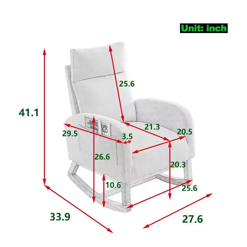 Beige/Gray/Ivory Velvet Rocking Armchair with Side Pockets, Single Seat