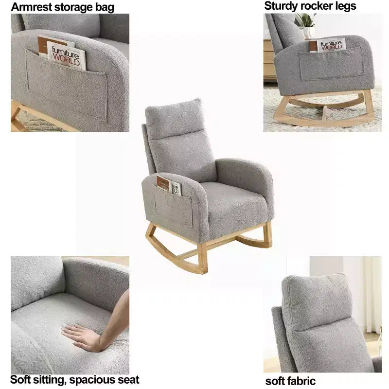 Beige/Gray/Ivory Velvet Rocking Armchair with Side Pockets, Single Seat