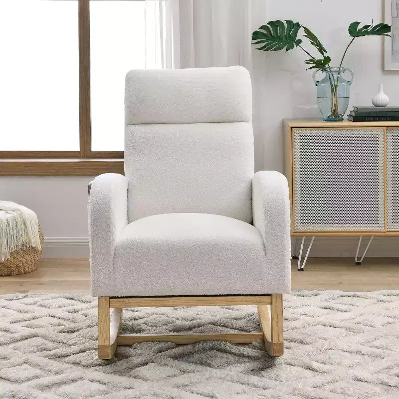 Beige/Gray/Ivory Velvet Rocking Armchair with Side Pockets, Single Seat