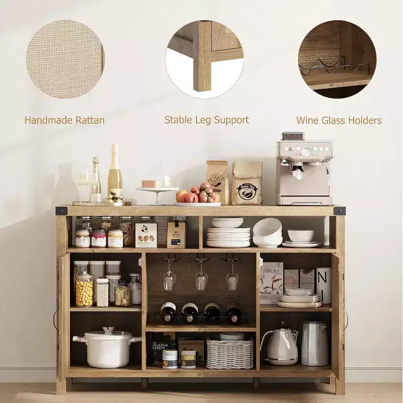 Black/Natural Farmhouse Sideboard Cabinet with Removable Wine Rack, 2-Color Options
