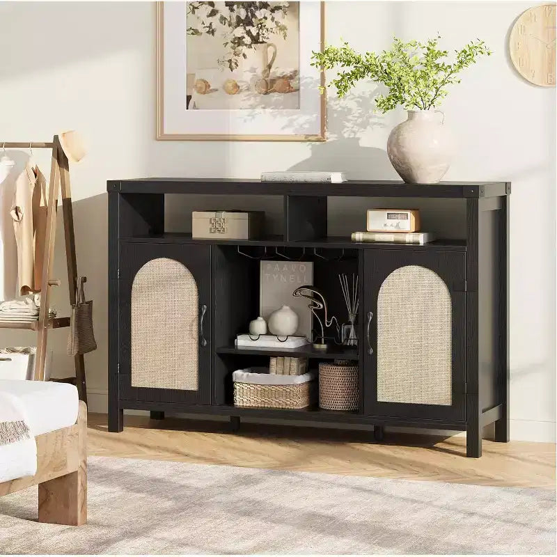 Black/Natural Farmhouse Sideboard Cabinet with Removable Wine Rack, 2-Color Options