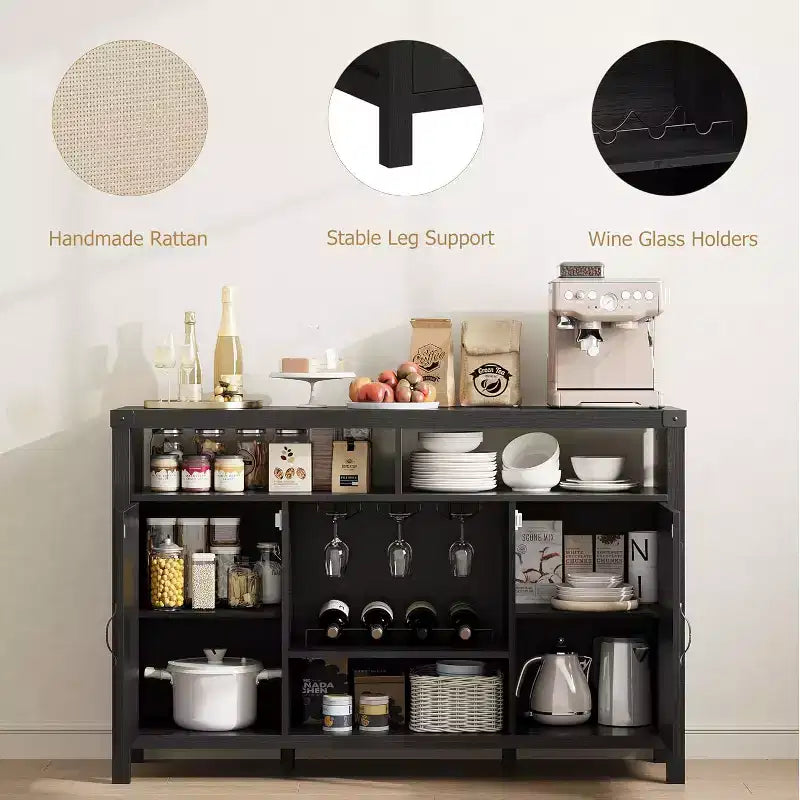 Black/Natural Farmhouse Sideboard Cabinet with Removable Wine Rack, 2-Color Options