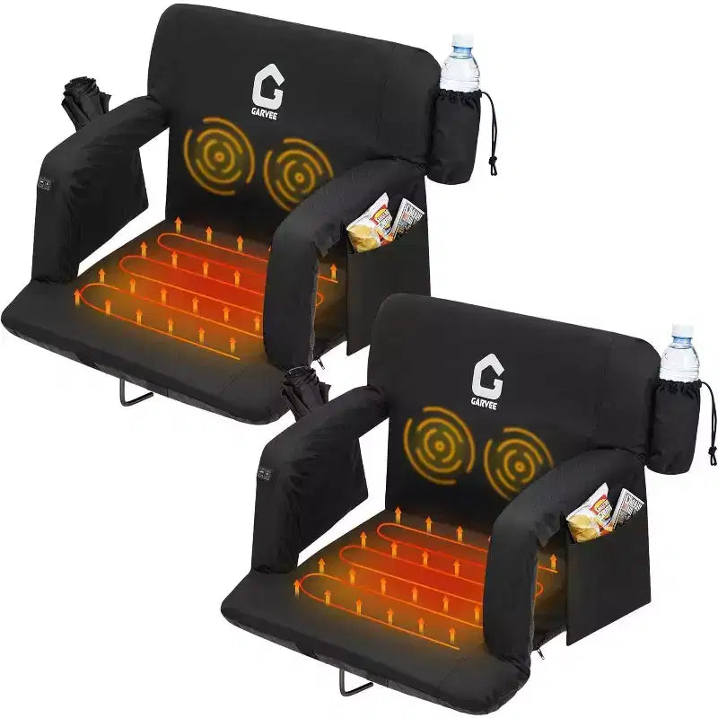 25-inch Massage Heating Stadium Seats, 3-layer Heating Massage, 6 Angles, Anti-slip Base, Storage Bag, with Backrest and Soft Cushion, Black