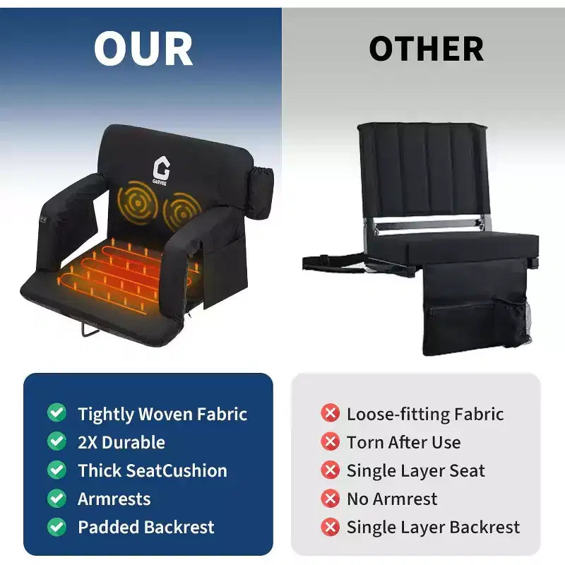 Black Foldable Heated Stadium Seat with Massage, High Back, 1-Person
