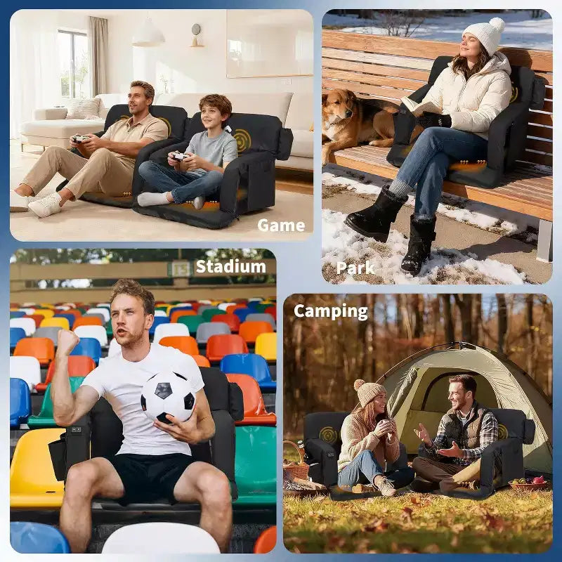 Black Foldable Heated Stadium Seat with Massage, High Back, 1-Person
