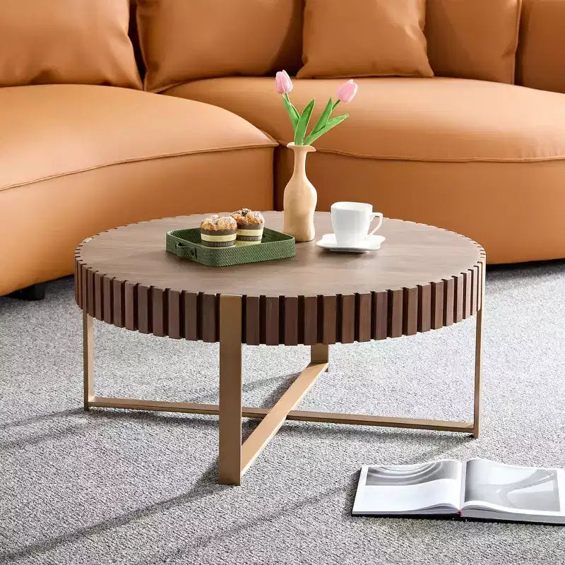 MAYEERTY 31.5 Inch Modern Round Coffee Table, Small Center Table with Stainless Steel Cross Base for Living Room Bedroom