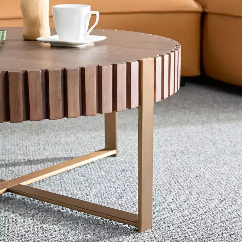 Brown Round Ribbed Metal Coffee Table, 1-Person