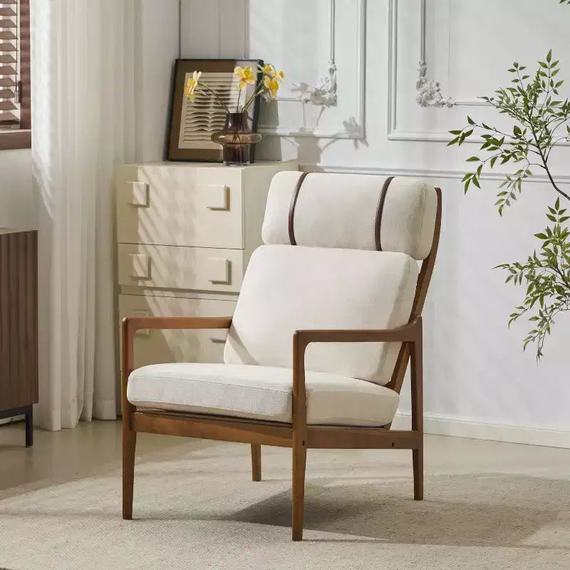 MAYEERTY Mid Century Modern Accent Armchair, Solid Wood Frame High Back Ergonomic Beige Cushions, Living Room Bedroom Reading Nook, Beige