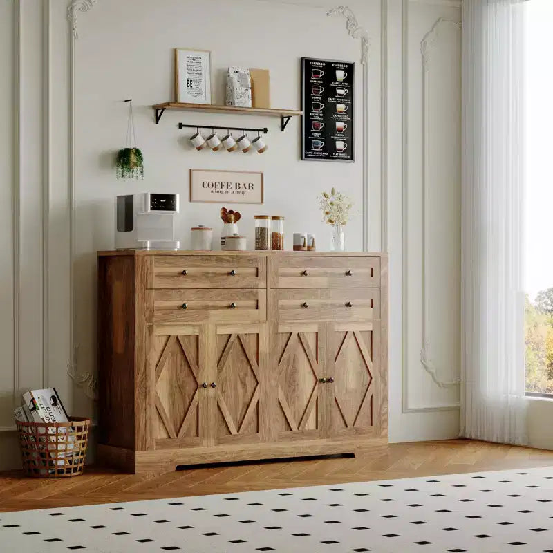 Brown Farmhouse Sideboard Buffet Cabinet, 4 Doors & 4 Drawers, 1-Person Use