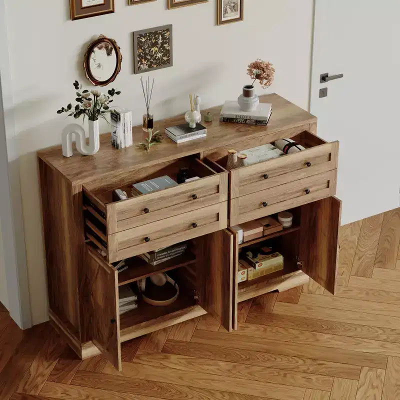 Brown Farmhouse Sideboard Buffet Cabinet, 4 Doors & 4 Drawers, 1-Person Use