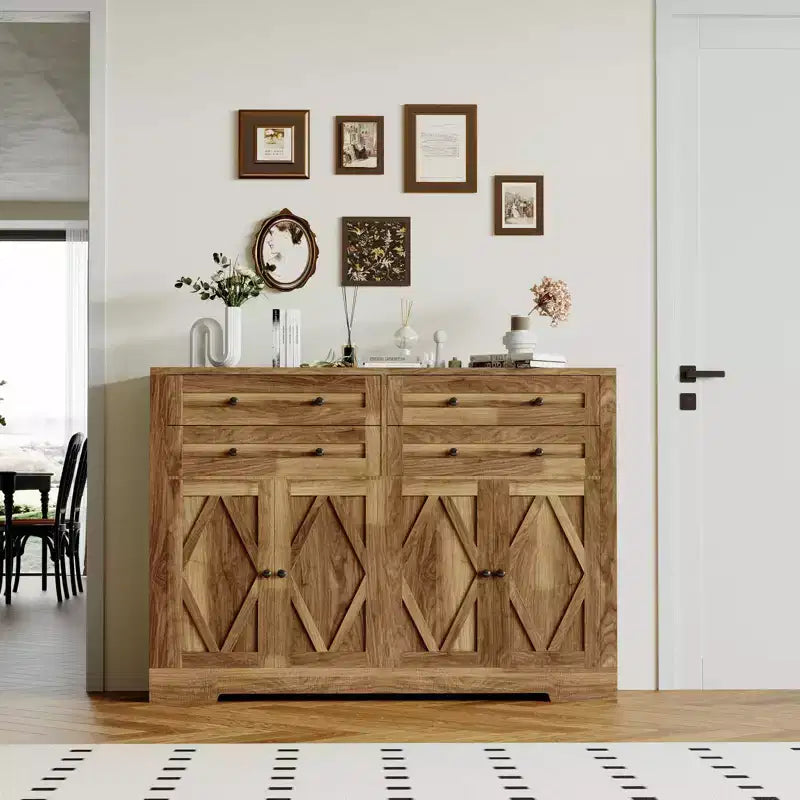 Brown Farmhouse Sideboard Buffet Cabinet, 4 Doors & 4 Drawers, 1-Person Use