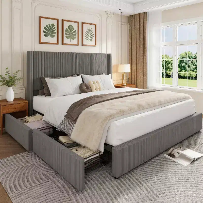 Upholstered Platform Bed Frame with Storage Drawers, Corduroy Wingback with Tufted Headboard and Footboard, No Box Spring Needed