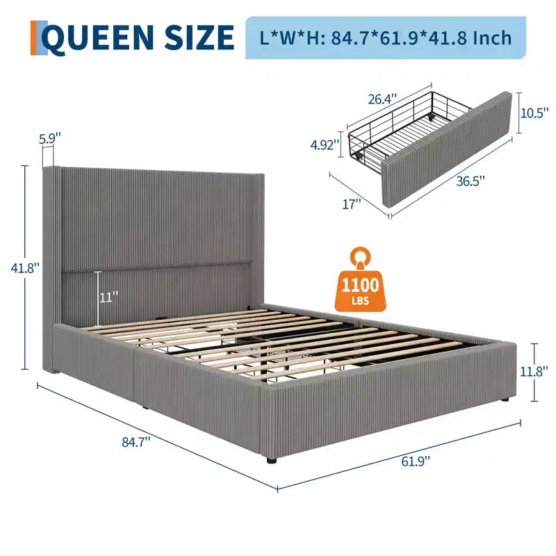 Gray Corduroy Upholstered Platform Bed Frame with Storage Drawers, Tufted Headboard & Footboard – Queen/King