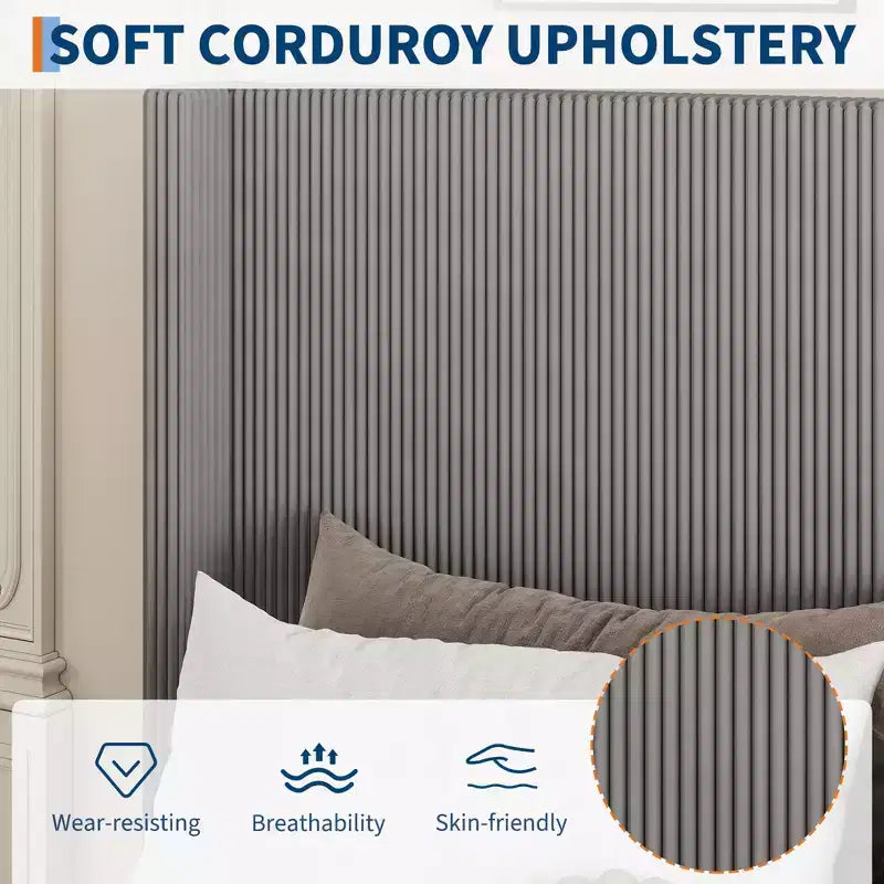Gray Corduroy Upholstered Platform Bed Frame with Storage Drawers, Tufted Headboard & Footboard – Queen/King
