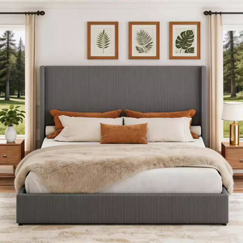 Gray Corduroy Upholstered Platform Bed Frame with Storage Drawers, Tufted Headboard & Footboard – Queen/King