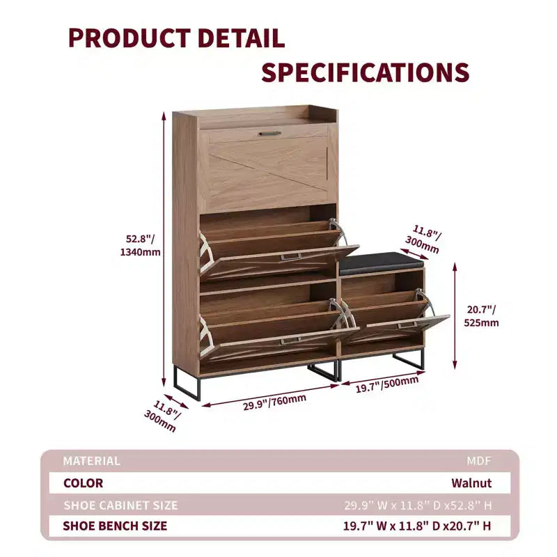Brown Farmhouse Shoe Storage Cabinet with Bench & Flip Drawers, Holds 30 Pairs