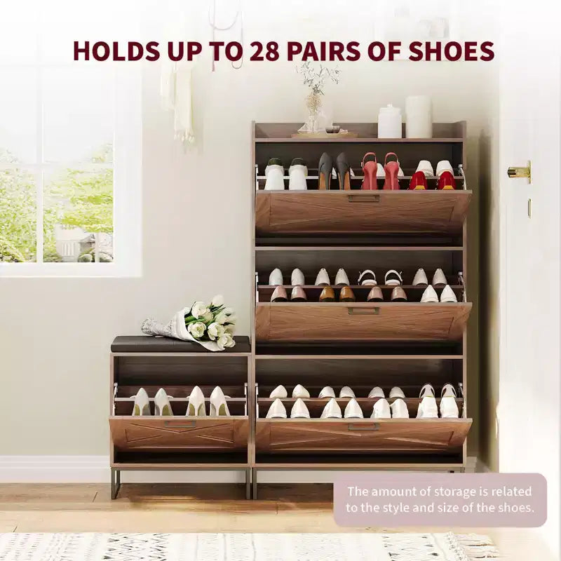 Brown Farmhouse Shoe Storage Cabinet with Bench & Flip Drawers, Holds 30 Pairs