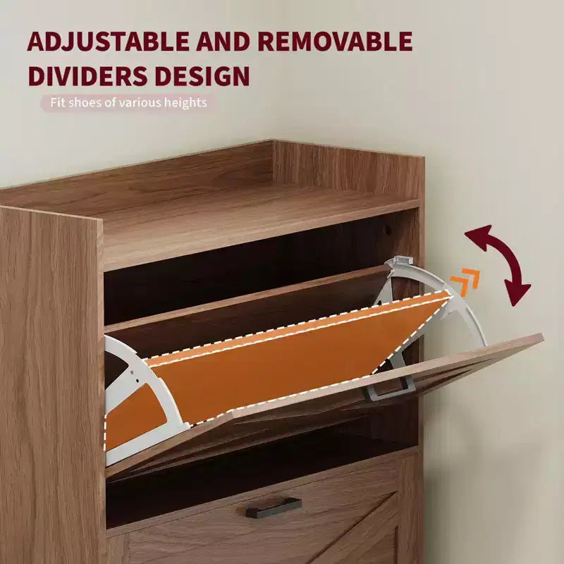 Brown Farmhouse Shoe Storage Cabinet with Bench & Flip Drawers, Holds 30 Pairs