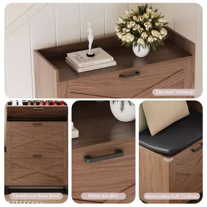 Brown Farmhouse Shoe Storage Cabinet with Bench & Flip Drawers, Holds 30 Pairs