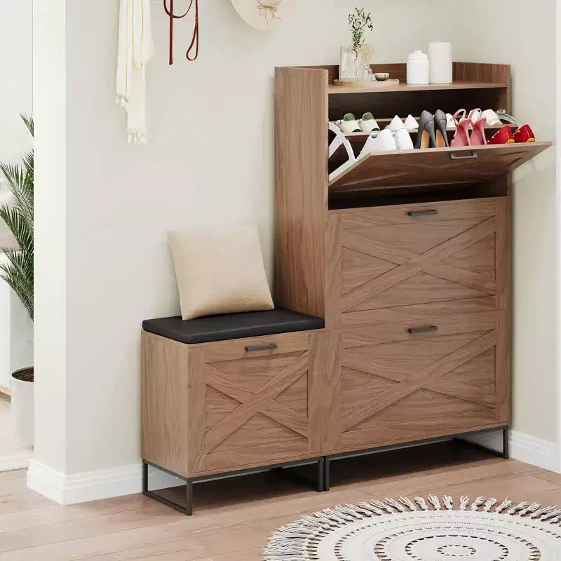 Brown Farmhouse Shoe Storage Cabinet with Bench & Flip Drawers, Holds 30 Pairs