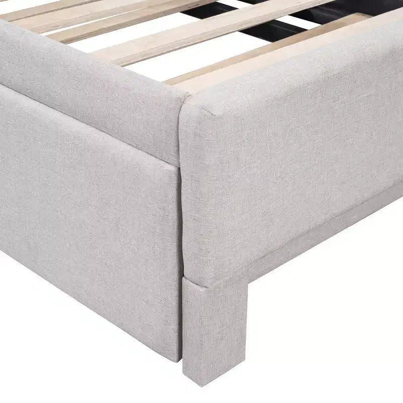 Twin Size L-Shaped Upholstered Daybed with Pop-Up Trundle, Beige/Gray/Pink, Seats & Sleeps 1–2