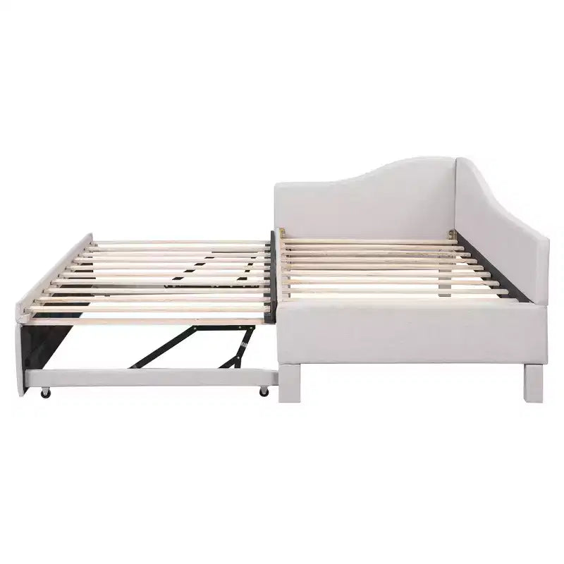 Twin Size L-Shaped Upholstered Daybed with Pop-Up Trundle, Beige/Gray/Pink, Seats & Sleeps 1–2