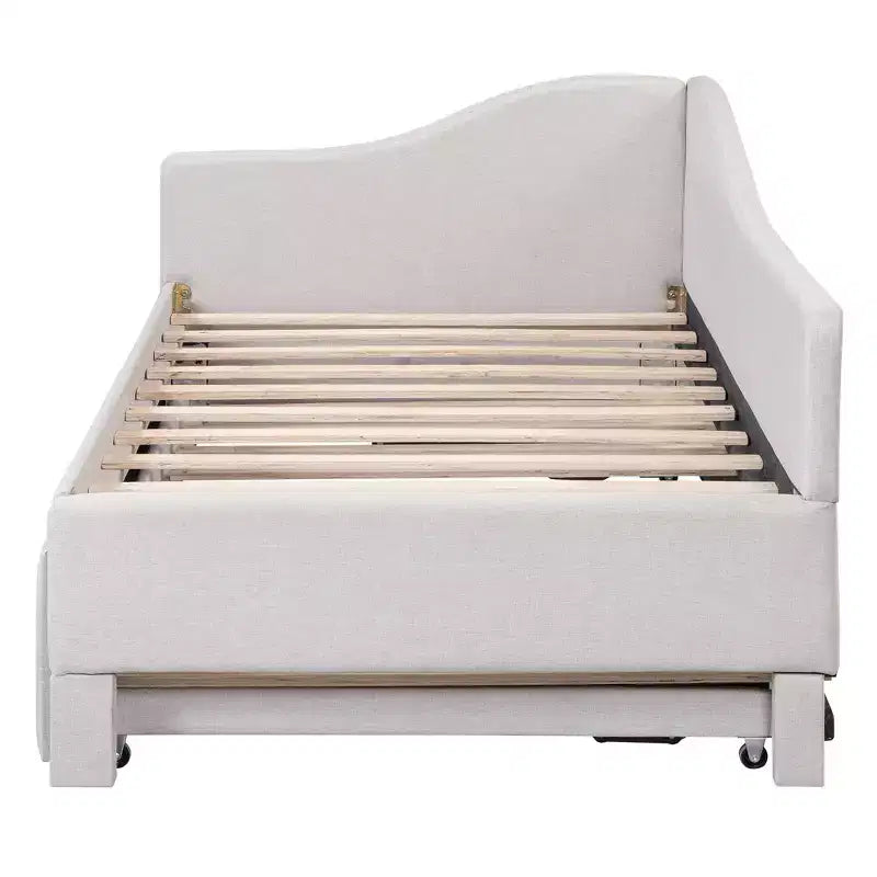 Twin Size L-Shaped Upholstered Daybed with Pop-Up Trundle, Beige/Gray/Pink, Seats & Sleeps 1–2