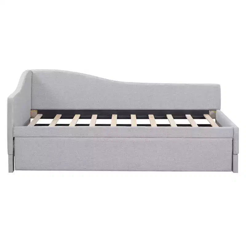 Twin Size L-Shaped Upholstered Daybed with Pop-Up Trundle, Beige/Gray/Pink, Seats & Sleeps 1–2