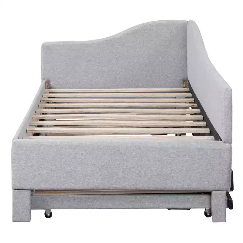 Twin Size L-Shaped Upholstered Daybed with Pop-Up Trundle, Beige/Gray/Pink, Seats & Sleeps 1–2