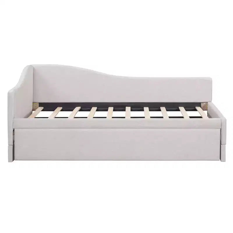 Twin Size L-Shaped Upholstered Daybed with Pop-Up Trundle, Beige/Gray/Pink, Seats & Sleeps 1–2