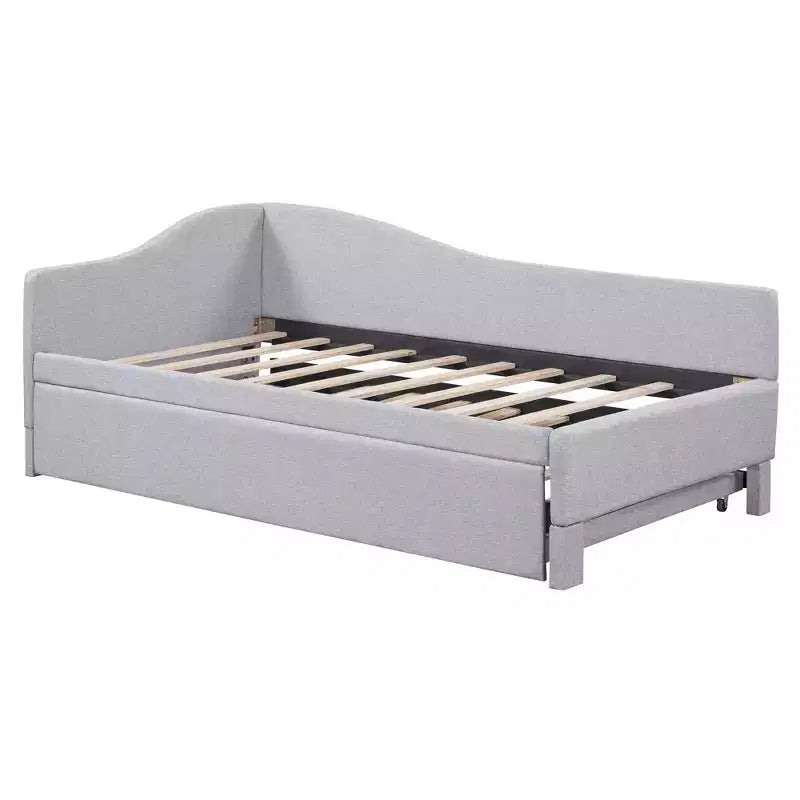 Twin Size L-Shaped Upholstered Daybed with Pop-Up Trundle, Beige/Gray/Pink, Seats & Sleeps 1–2