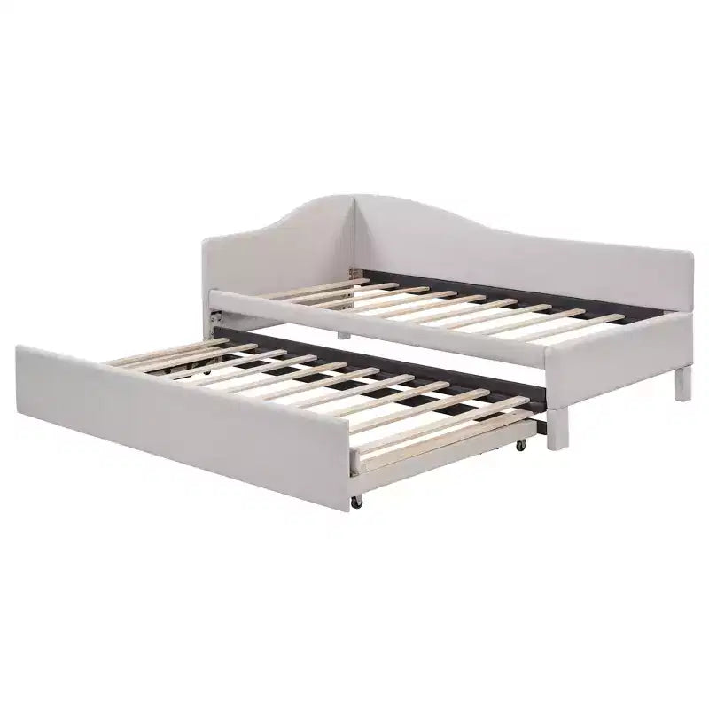 Twin Size L-Shaped Upholstered Daybed with Pop-Up Trundle, Beige/Gray/Pink, Seats & Sleeps 1–2