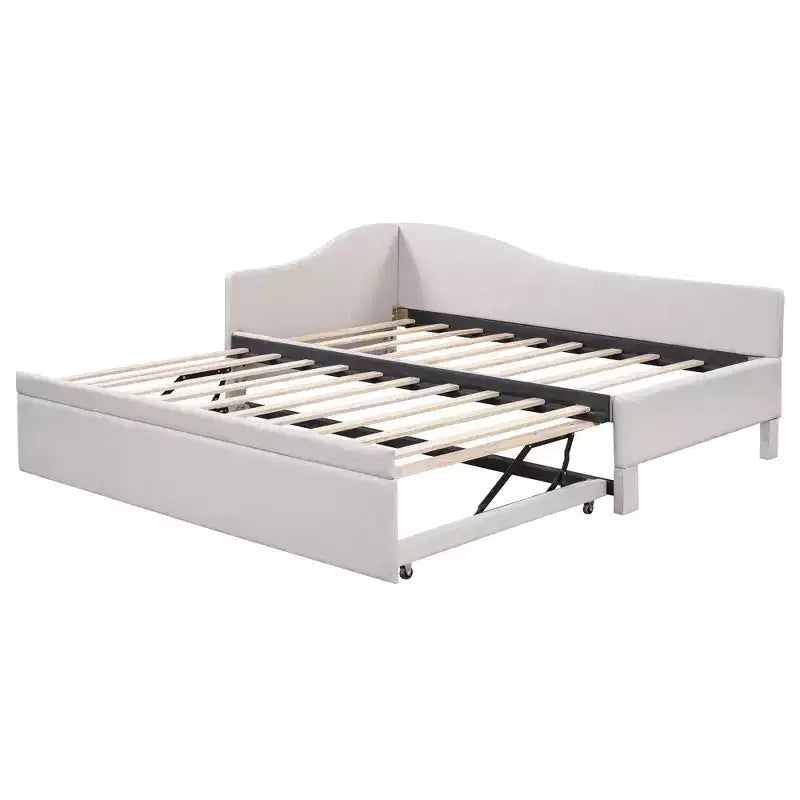 Twin Size L-Shaped Upholstered Daybed with Pop-Up Trundle, Beige/Gray/Pink, Seats & Sleeps 1–2