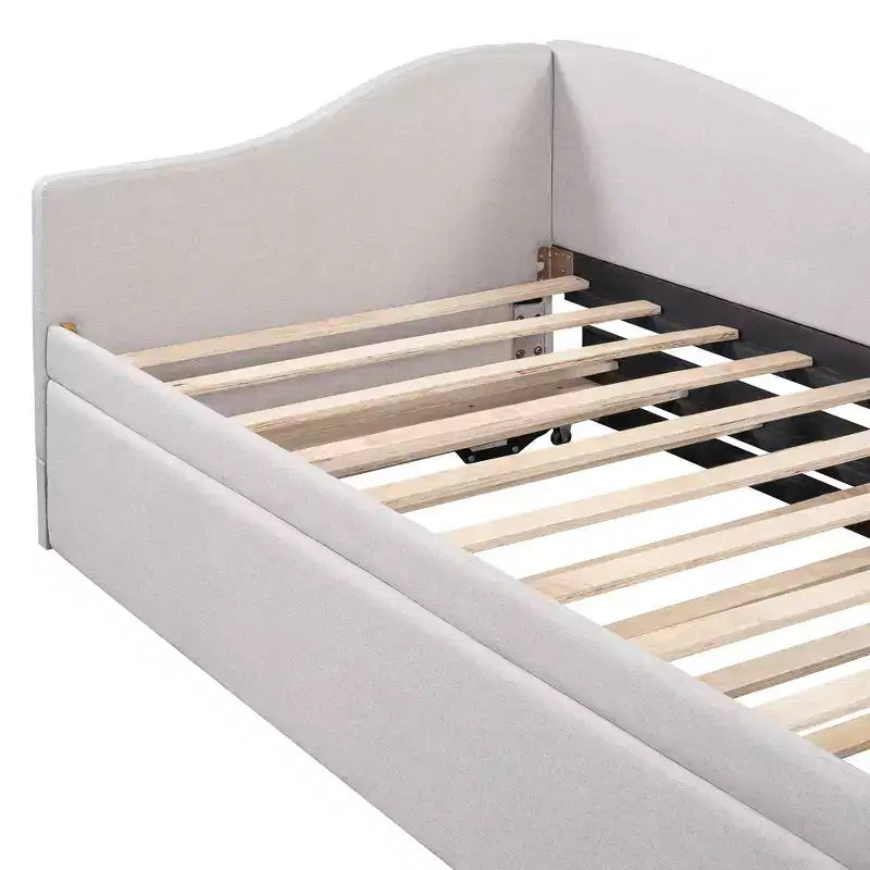 Twin Size L-Shaped Upholstered Daybed with Pop-Up Trundle, Beige/Gray/Pink, Seats & Sleeps 1–2
