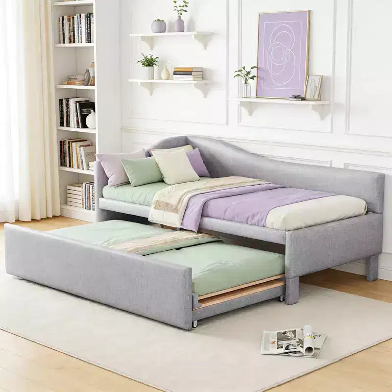 Twin Size L-Shaped Upholstered Daybed with Pop-Up Trundle, Beige/Gray/Pink, Seats & Sleeps 1–2