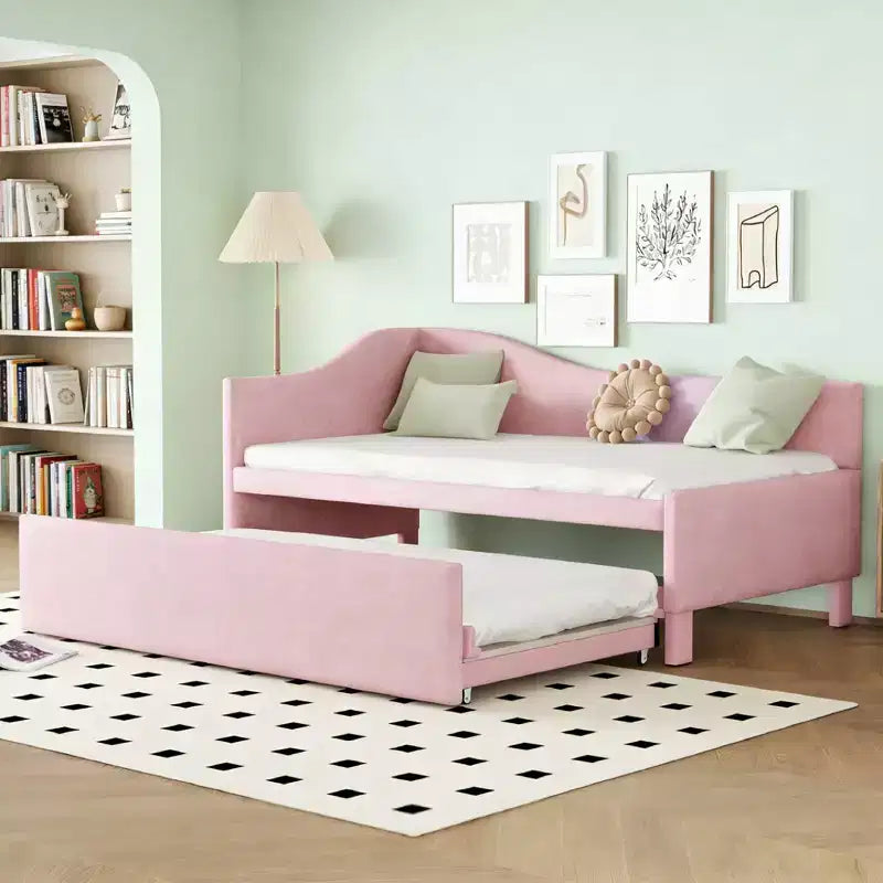 Twin Size L-Shaped Upholstered Daybed with Pop-Up Trundle, Beige/Gray/Pink, Seats & Sleeps 1–2